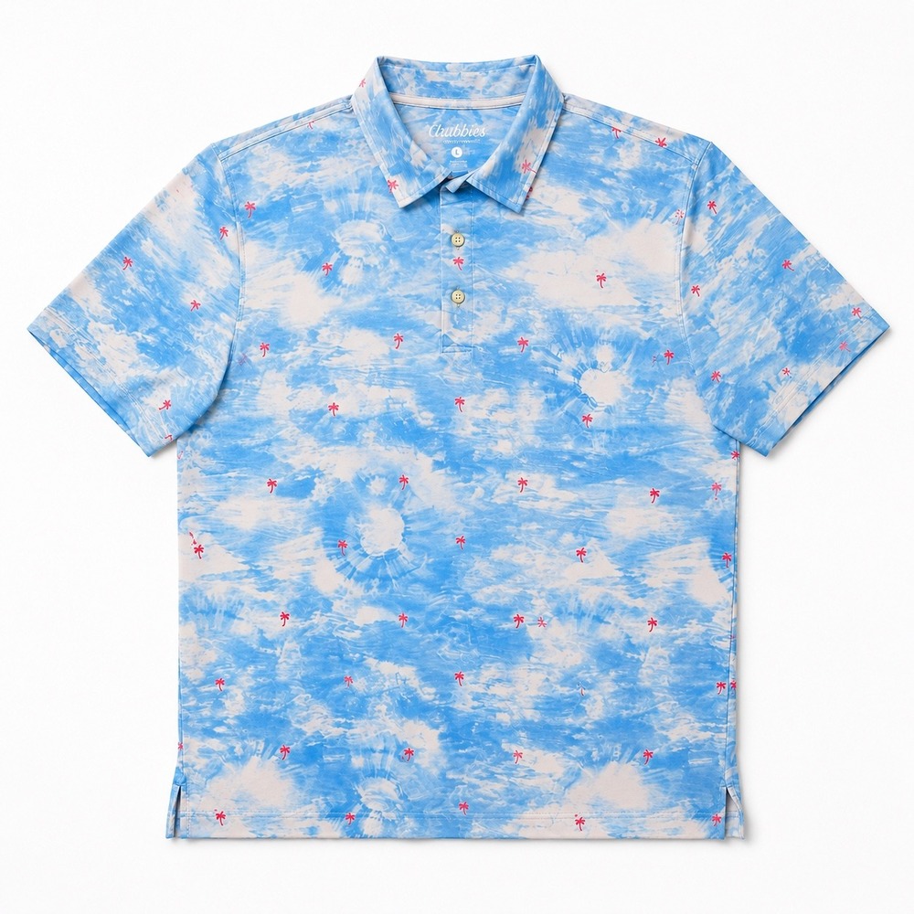 Chubbies The‎ Cloud Nine Performance Polo Men Size L Blue Tie Dye Palm Tree Golf